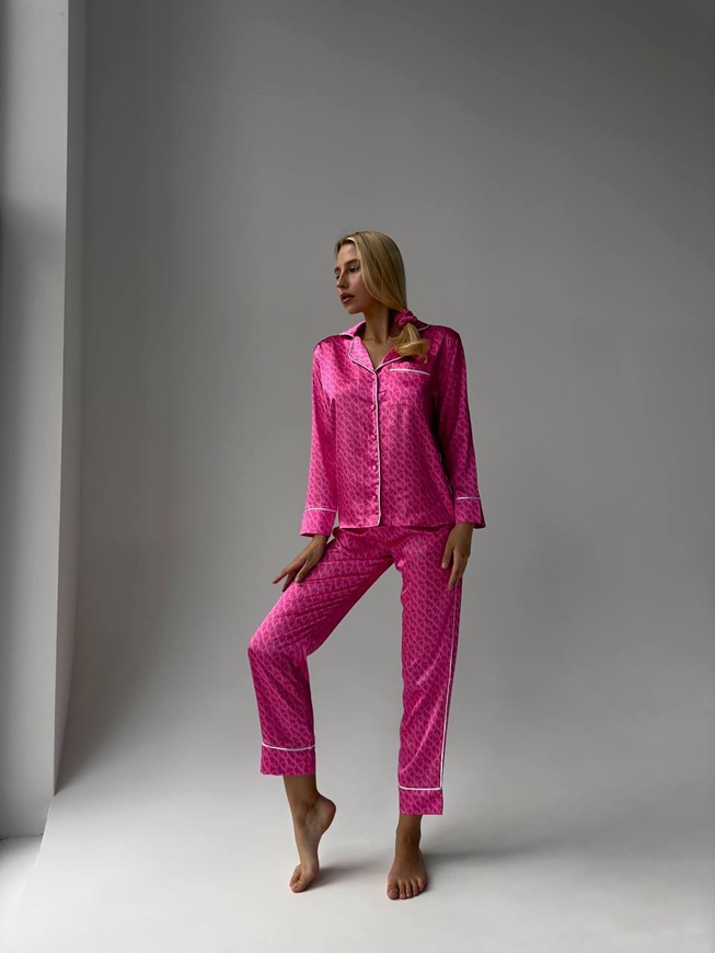 Сатиновая Женская Пижама Комплект Розового Цвета (Рубашка с длинным рукавом + Брюки) 001094 001094 фото