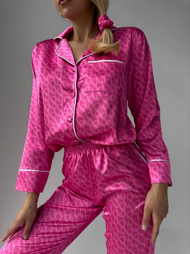 Сатиновая Женская Пижама Комплект Розового Цвета (Рубашка с длинным рукавом + Брюки) 001094 001094 фото