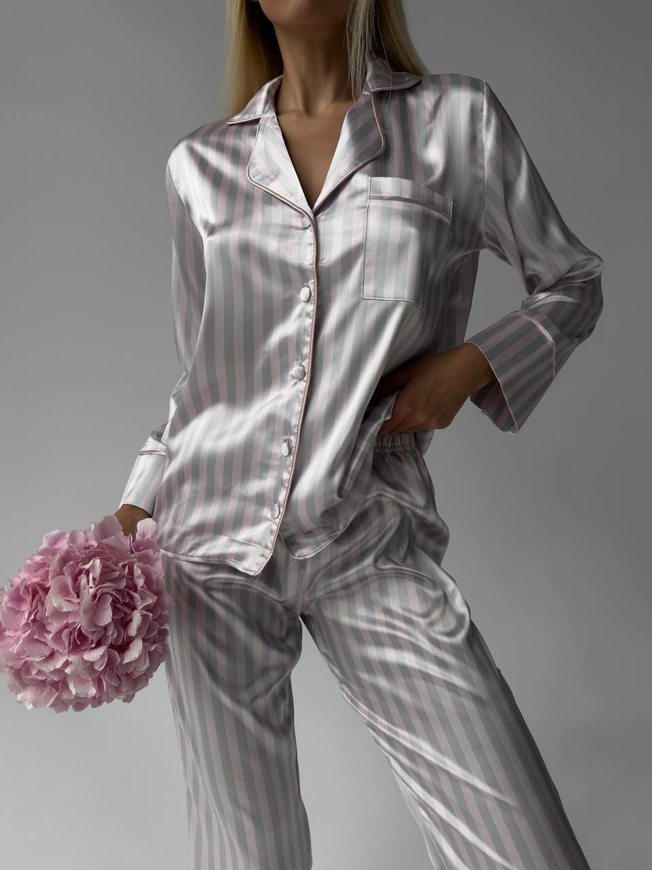Сатиновая Женская Пижама Комплект Белого Цвета (Рубашка с длинным рукавом+Брюки) 001126 фото