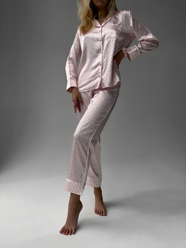 Сатиновая Женская Пижама Комплект Цвета Пудры (Рубашка с длинным рукавом + Брюки) 001097 001097 фото