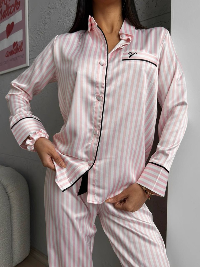 Сатиновая Женская Пижама Цвета Пудры (Рубашка с длинным рукавом+Штаны) 001168 001168 фото