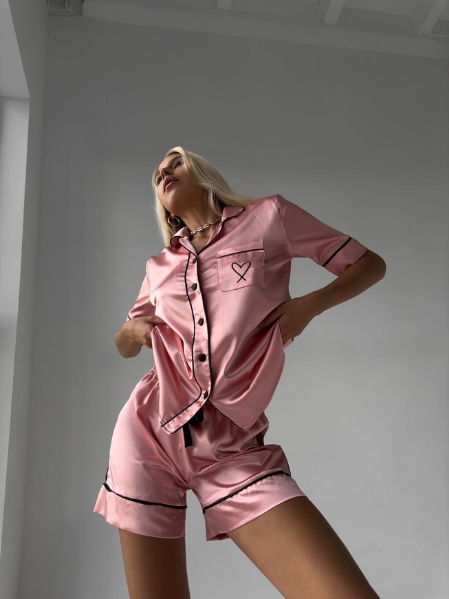 Сатиновая Женская Пижама Комплект Рубашка с Коротким Рукавом Розового Цвета (001103) 001103 фото