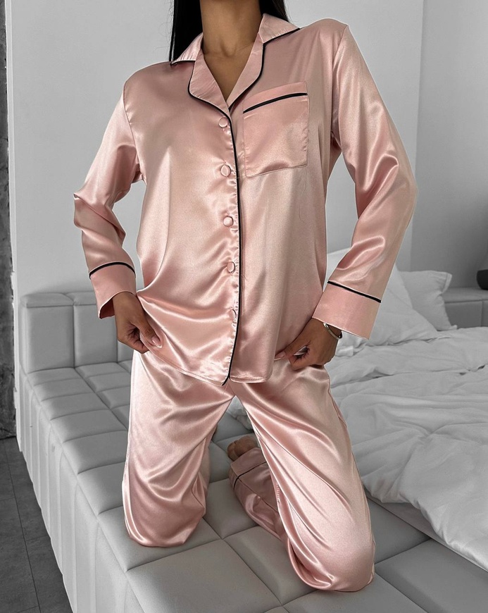 Сатиновая Женская Пижама Комплект Пудрового Цвета (Рубашка с длинным рукавом+Штаны) 001192 001192 фото