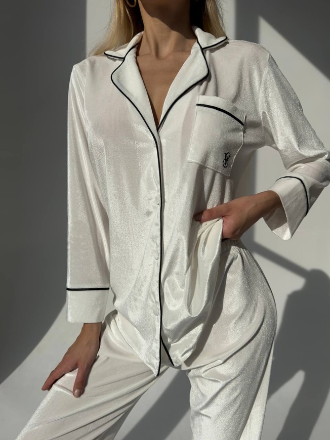 Теплая Женская Пижама Комплект Белого Цвета (Рубашка с длинным рукавом+Брюки) 001153 фото