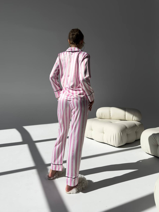 Сатиновая Женская Пижама Розовая в полоску (Рубашка с длинным рукавом+Штаны) 001172 001172 фото