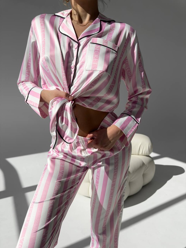 Сатинова Жіноча Піжама Рожева у смужку (Сорочка з довгим рукавом+Штани) 001172 001172 фото