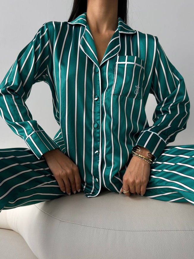 Сатинова Жіноча Піжама Зеленого кольору (Сорочка з довгим рукавом+Штани) 001174 001174 фото