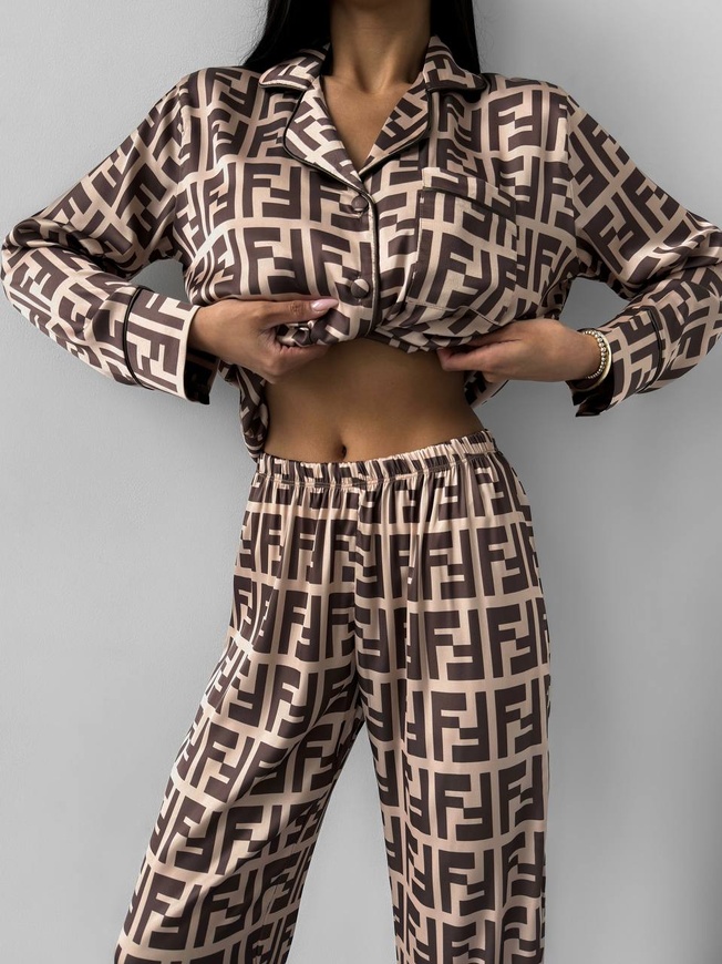 Сатиновая Женская Пижама Комплект Бежевого Цвета (Рубашка с длинным рукавом + Брюки) 001188 001188 фото