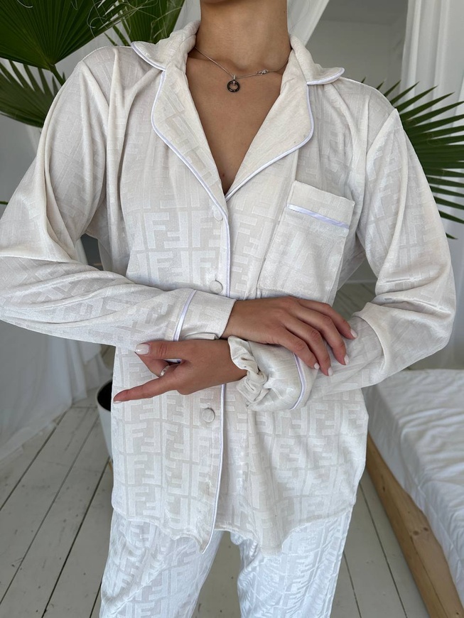 Теплая Женская Пижама Комплект Белого Цвета (Рубашка с длинным рукавом+Штаны) 001147 001147 фото