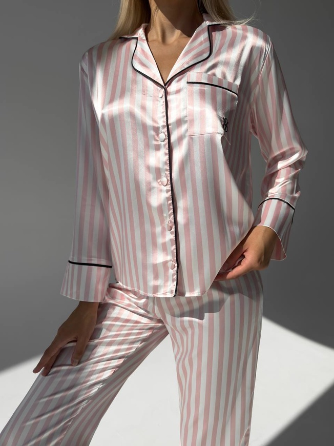 Сатиновая Женская Пижама Комплект Рубашка с Длинным Рукавом Розовый с Белым Цветом (001127) 001127 фото