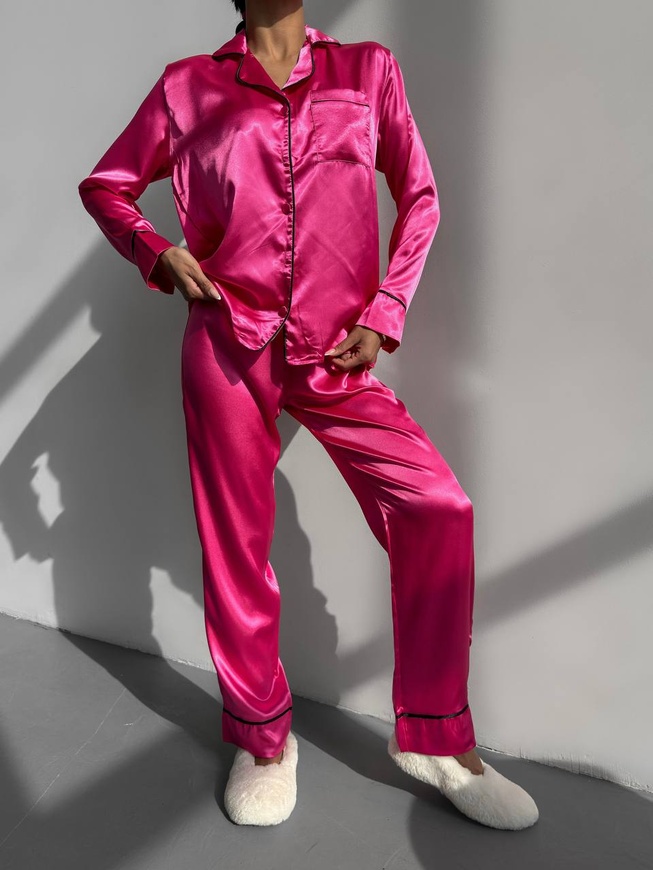 Сатиновая Женская Пижама Розового цвета (Рубашка с длинным рукавом+Штаны) 001176 001176 фото