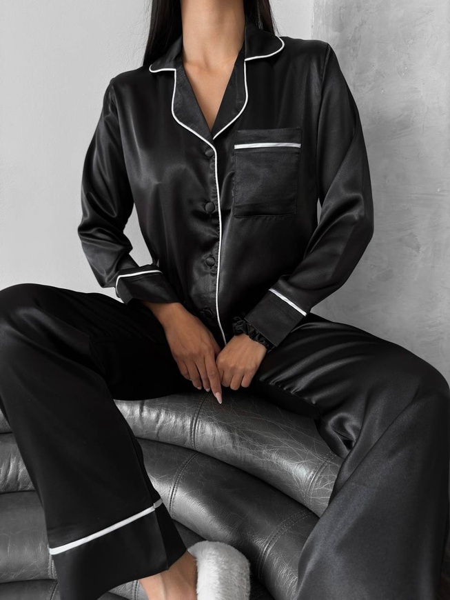 Сатинова Жіноча Піжама Чорного кольору (Сорочка з довгим рукавом+Штани) 001177 001177 фото