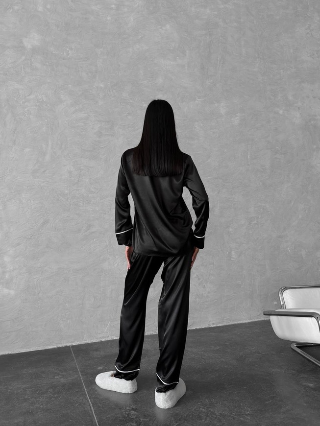 Сатиновая Женская Пижама Черного цвета (Рубашка с длинным рукавом+Штаны) 001177 001177 фото