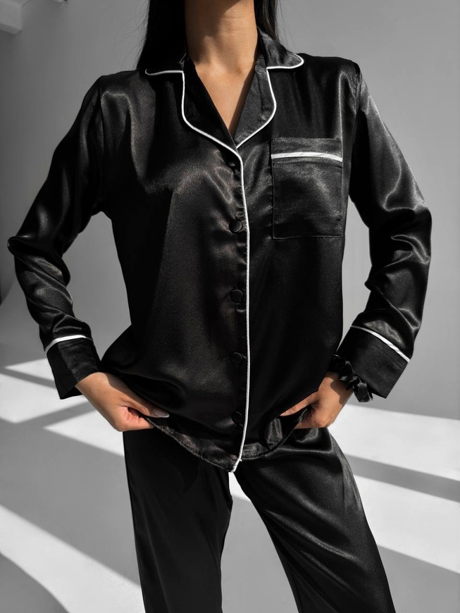 Сатиновая Женская Пижама Черного цвета (Рубашка с длинным рукавом+Штаны) 001177 001177 фото