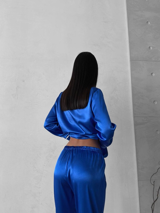 Сатиновая Женская Пижама Комплект Синего Цвета (Рубашка с длинным рукавом + Брюки) 001190 001190 фото