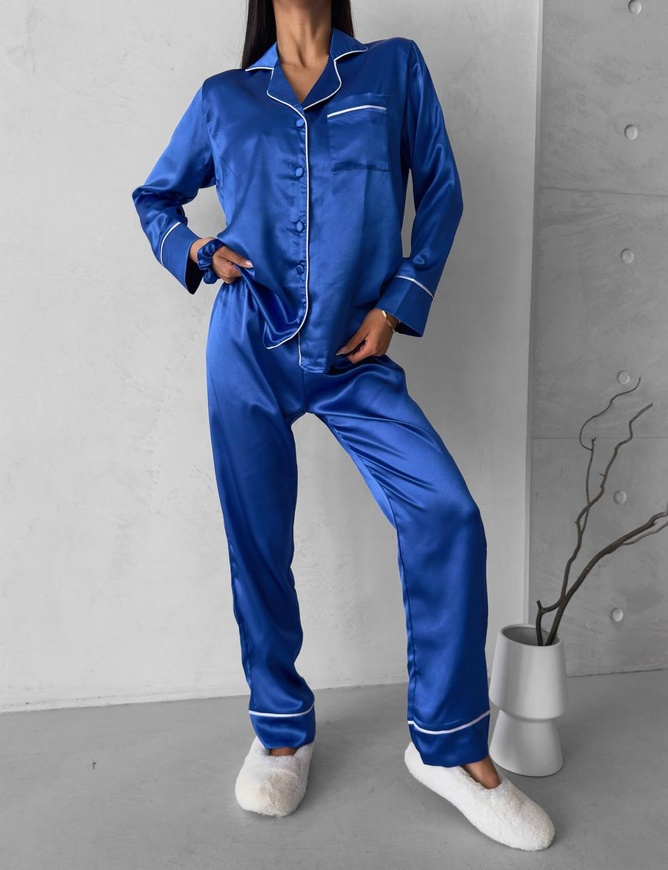 Сатиновая Женская Пижама Комплект Синего Цвета (Рубашка с длинным рукавом + Брюки) 001190 001190 фото