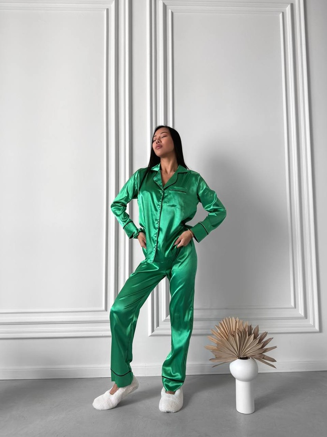 Сатиновая Женская Пижама Комплект Зеленого Цвета (Рубашка с длинным рукавом + Брюки) 001191 001191 фото