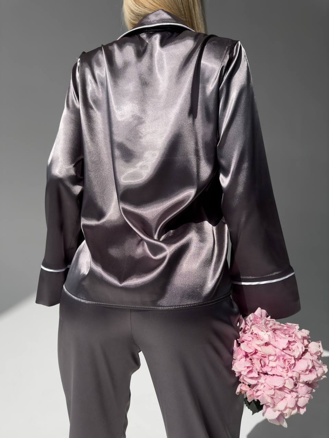 Сатиновая Женская Пижама Комплект Рубашка с Длинным Рукавом Серого Цвета (001122) 001122 фото